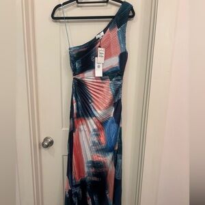 NWT SOCIALITE Print Asymmetric Hem Pleated Maxi Dress In blue Sz XS